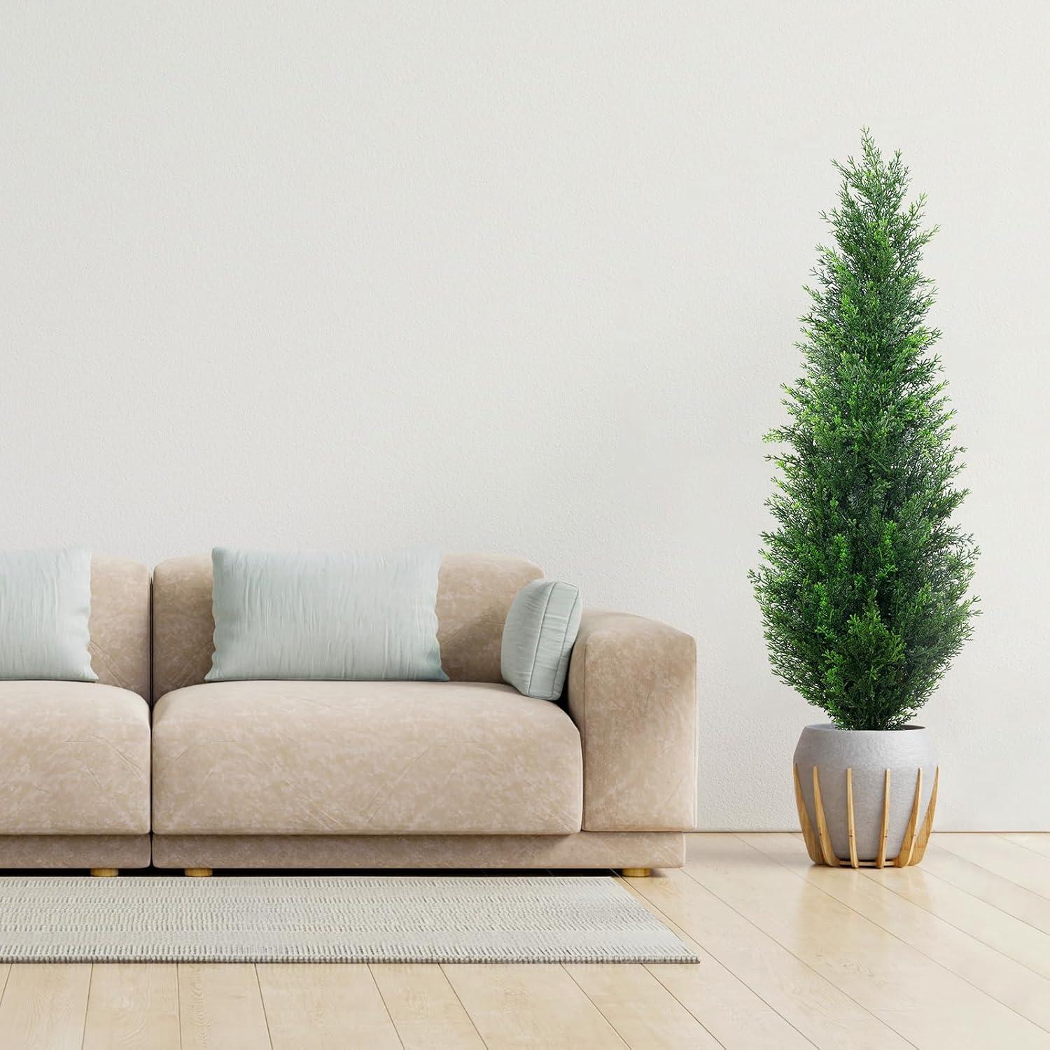 4FT 2-Pack Artificial Cedar Topiary Trees UV Resistant Potted Shrubs Fake Plants, Faux Pine Tree Plant for Home Office Garden Front Porch Patio Indoor Outdoor Party Wedding  Decor