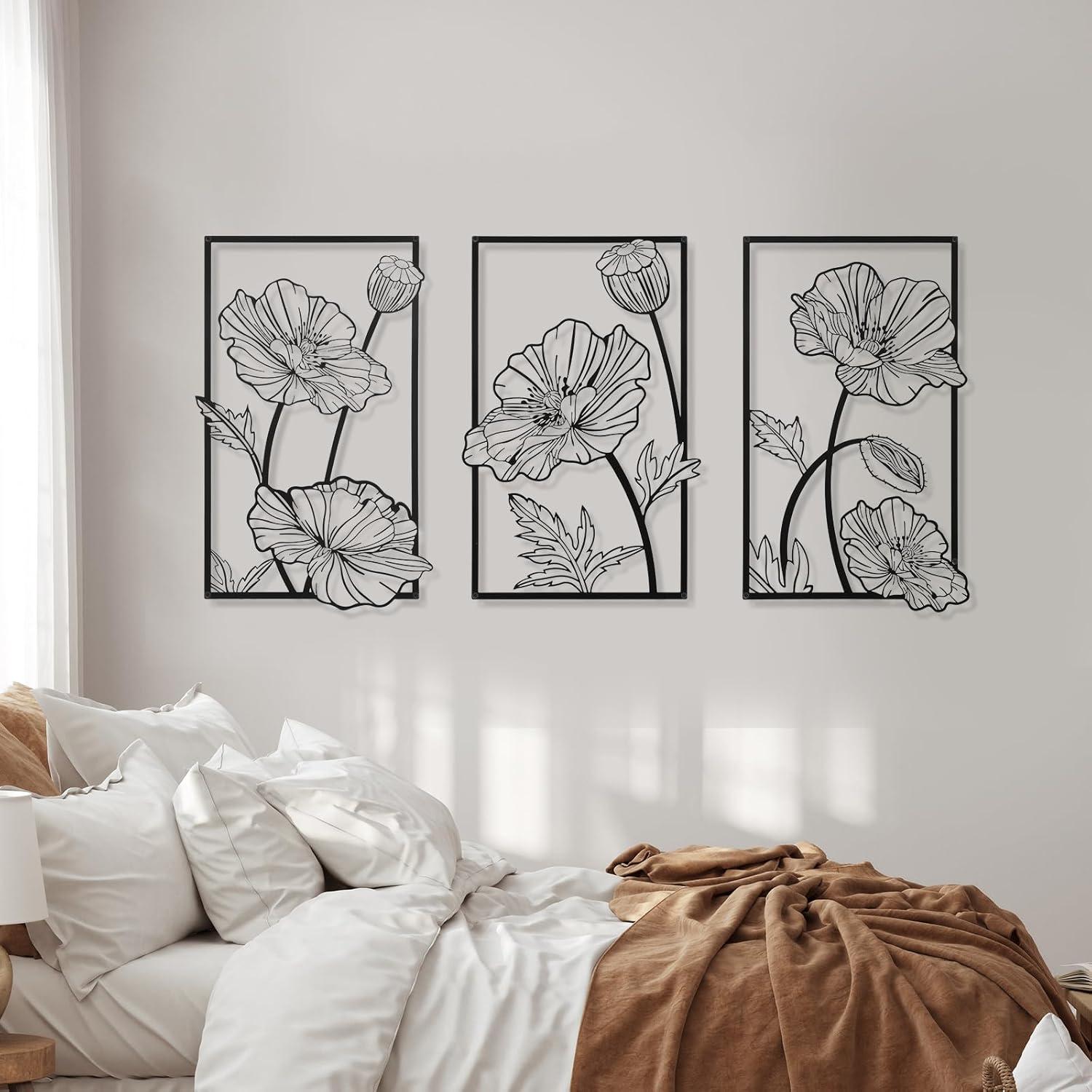 Black Metal Floral Minimalist Wall Art Set of 3