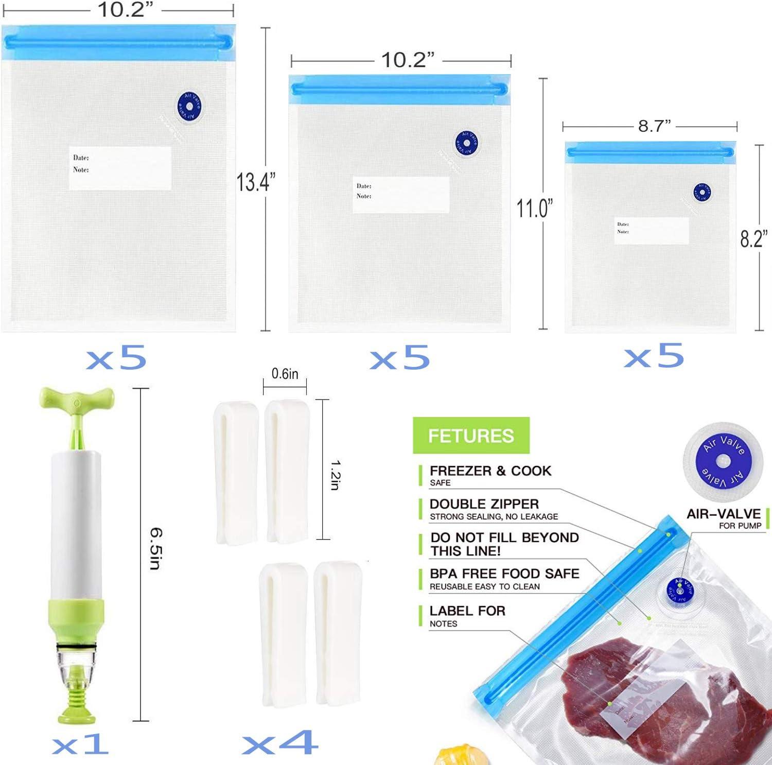 Reusable Blue Sous Vide Bags Kit with Hand Pump and Sealing Clips