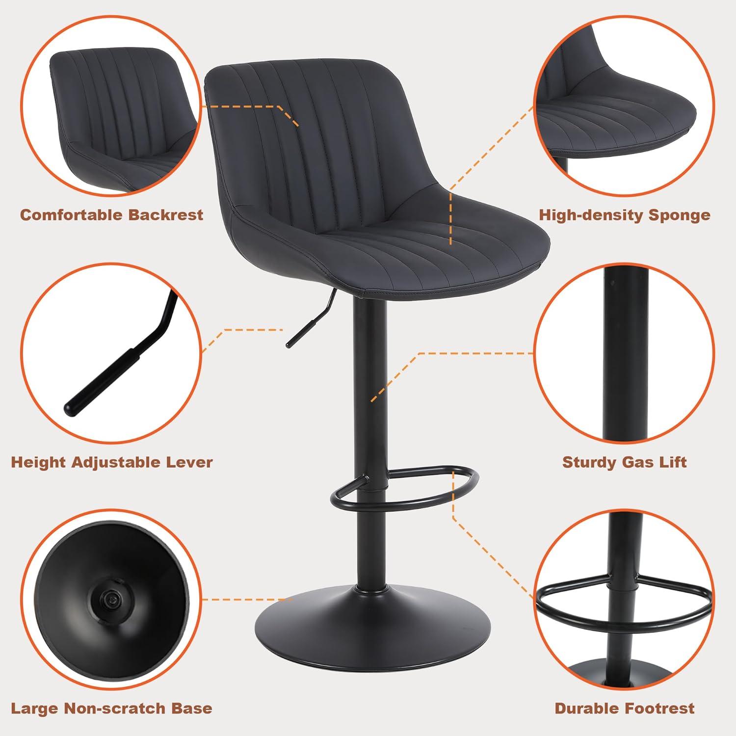 Corrigan Studio® Bar Stools Set of 3, Swivel Counter Height Barstools with Back, Adjustable PU Leather Bar Chairs, Modern Armless Kitchen Island Stool, Black