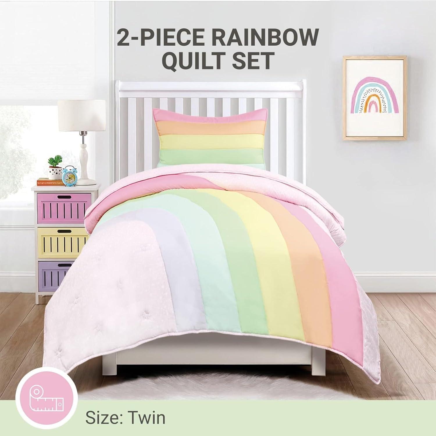 Tadpoles 2-Piece Rainbow Quilt Set | 1 Twin Bed Size Quilt & 1 Standard Sham | Made of 100% Micro-denier Polyester Fiber