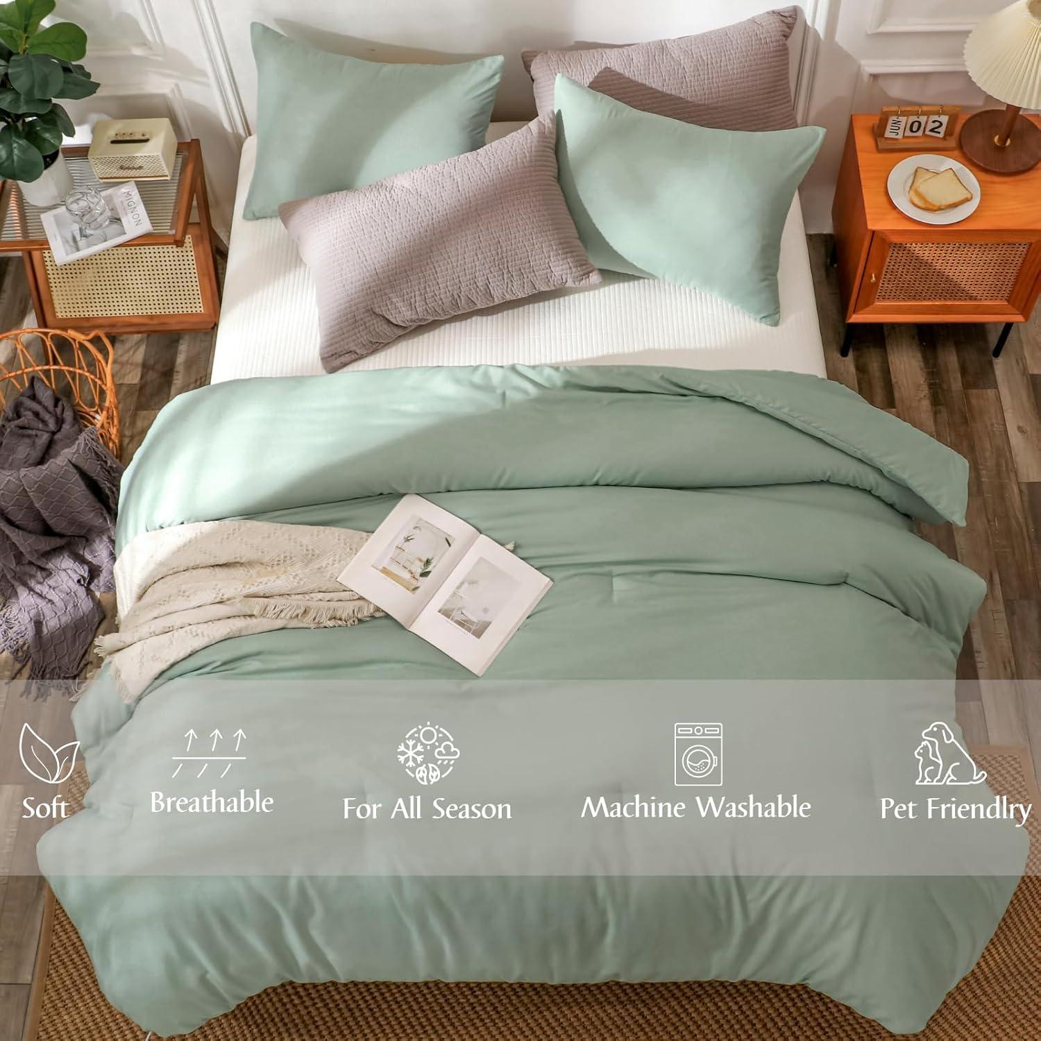 SPRINDAY Queen Comforter Set For Adult, 3 Piece Sage Green Comforter Sets & Bedding For All Season