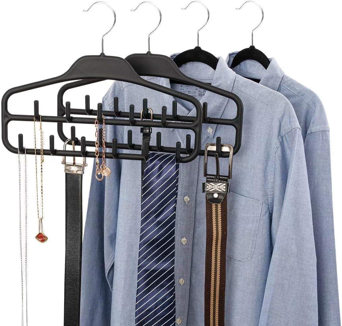 FairyHaus Belt Hanger Organizer 2 Pack, Non Slip Tie Rack Holder, Durable Hanging Closet Accessory Hooks for Belts, Ties, Jewelry, Scarves, Black