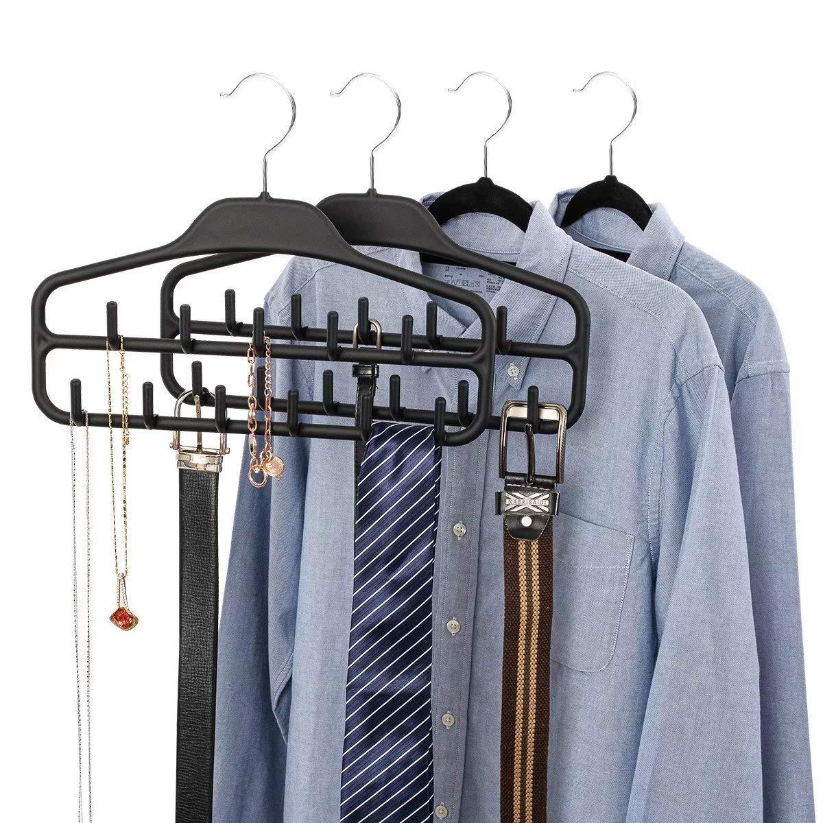 FairyHaus Belt Hanger Organizer 2 Pack, Non Slip Tie Rack Holder, Durable Hanging Closet Accessory Hooks for Belts, Ties, Jewelry, Scarves, Black