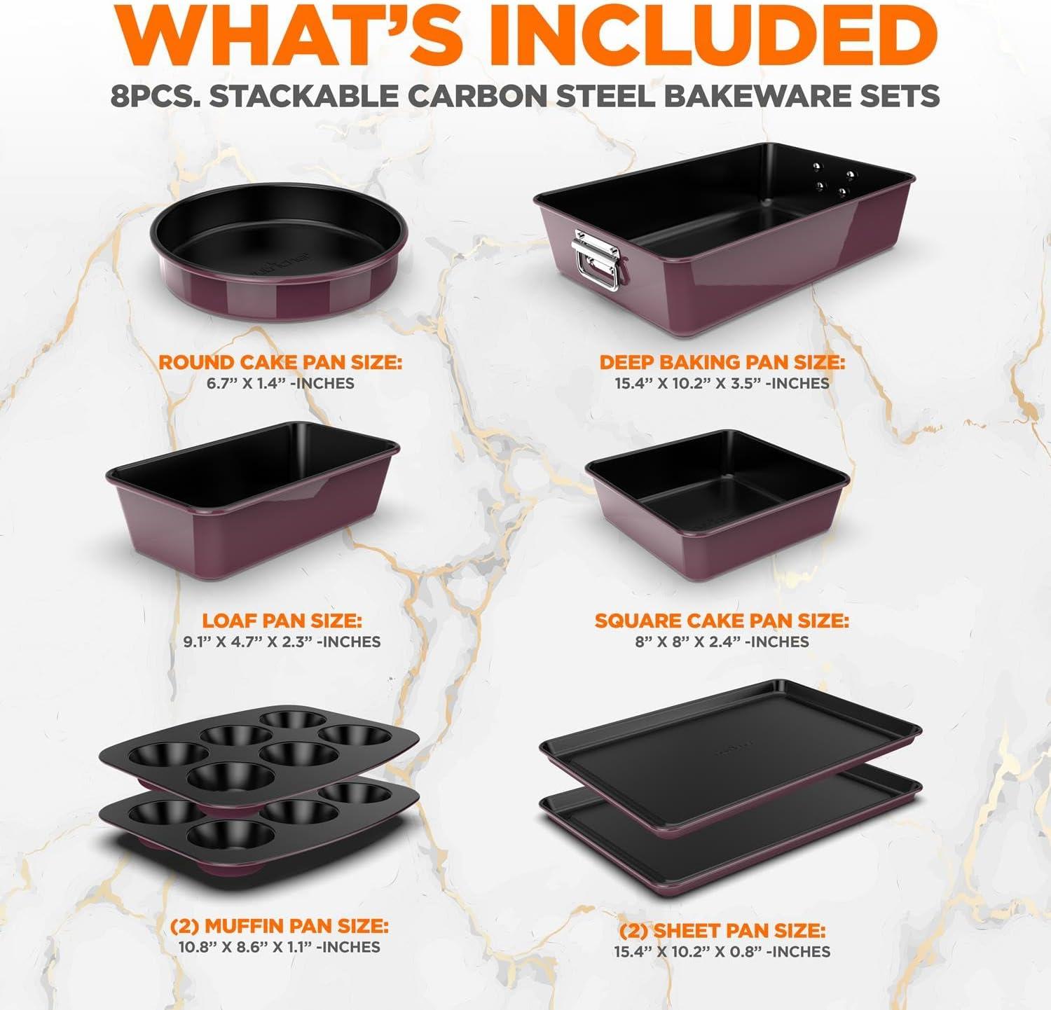 NutriChef 8-Piece Nonstick Stackable Bakeware Set - Pfoa, Pfos, Ptfe Free Baking Tray Set W/ Non-Stick Coating, 450°F Oven Safe, Round Cake, Loaf, Muffin, Wide/Square Pans, Cookie Sheet