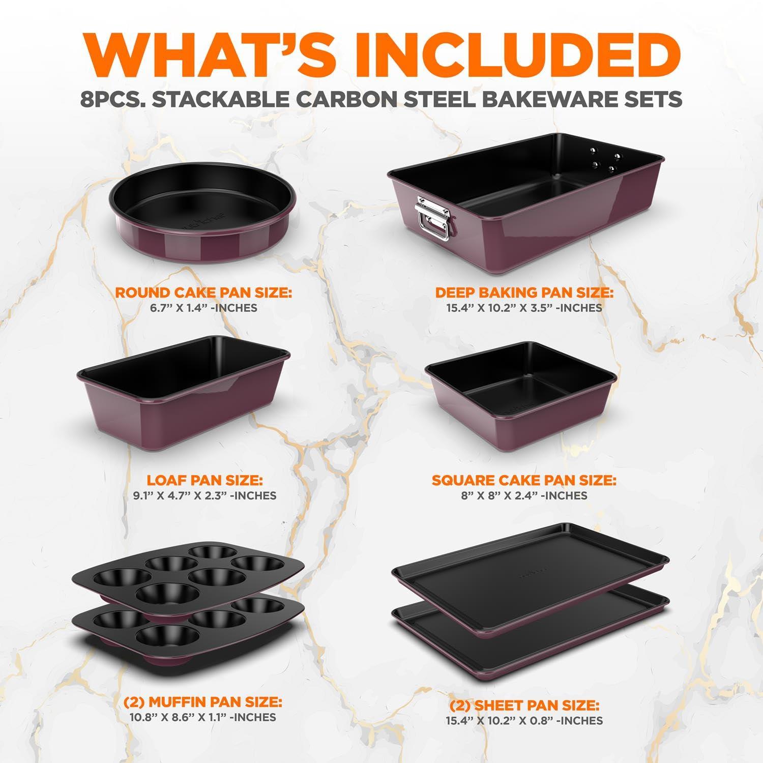 NutriChef 8-Piece Nonstick Stackable Bakeware Set - Pfoa, Pfos, Ptfe Free Baking Tray Set W/ Non-Stick Coating, 450°F Oven Safe, Round Cake, Loaf, Muffin, Wide/Square Pans, Cookie Sheet