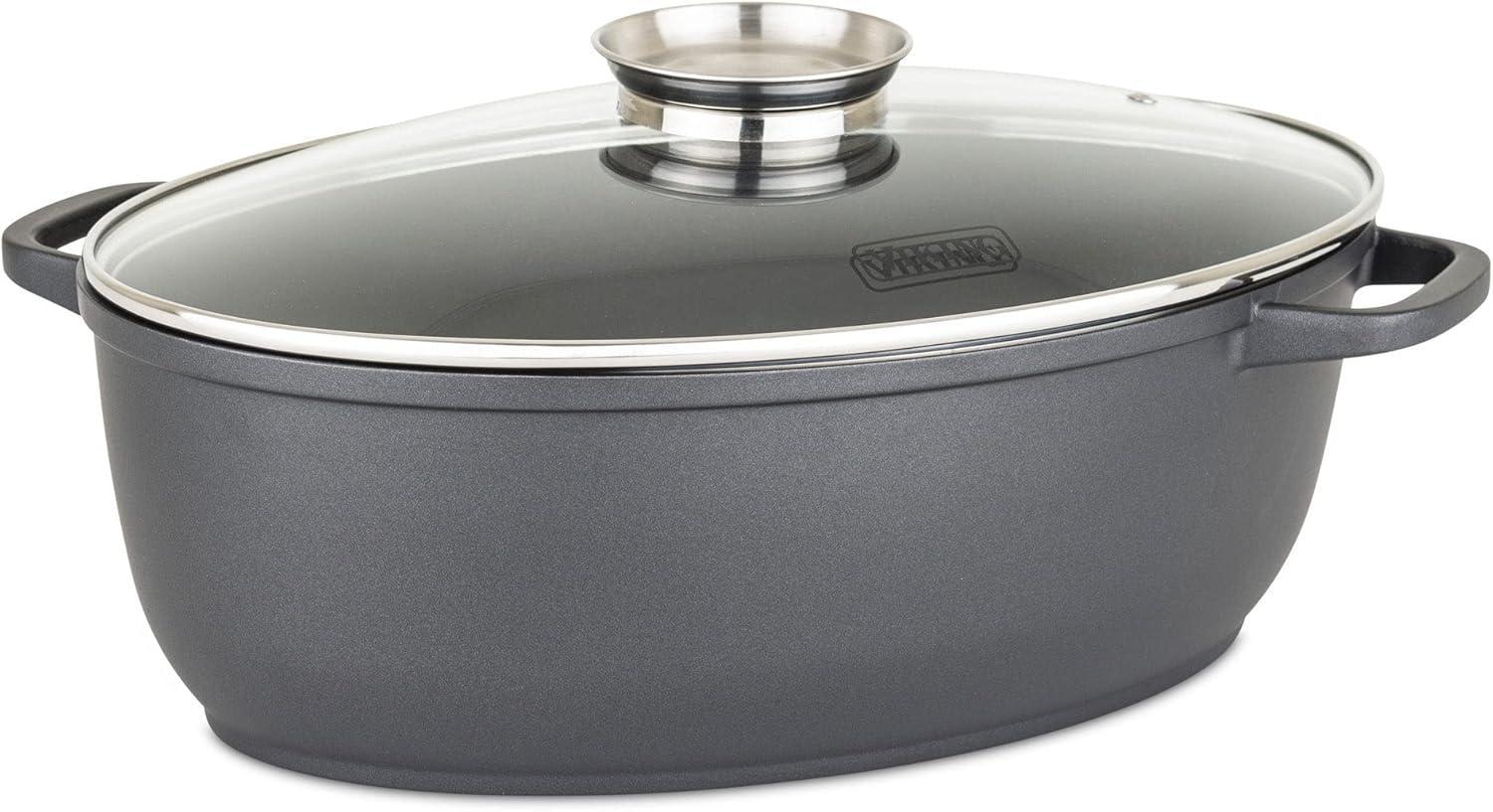 Viking Culinary 3-in-1 8.6 Qt Die Cast Oval Roaster with Glass Basting Lid,Gray,40041-1632C