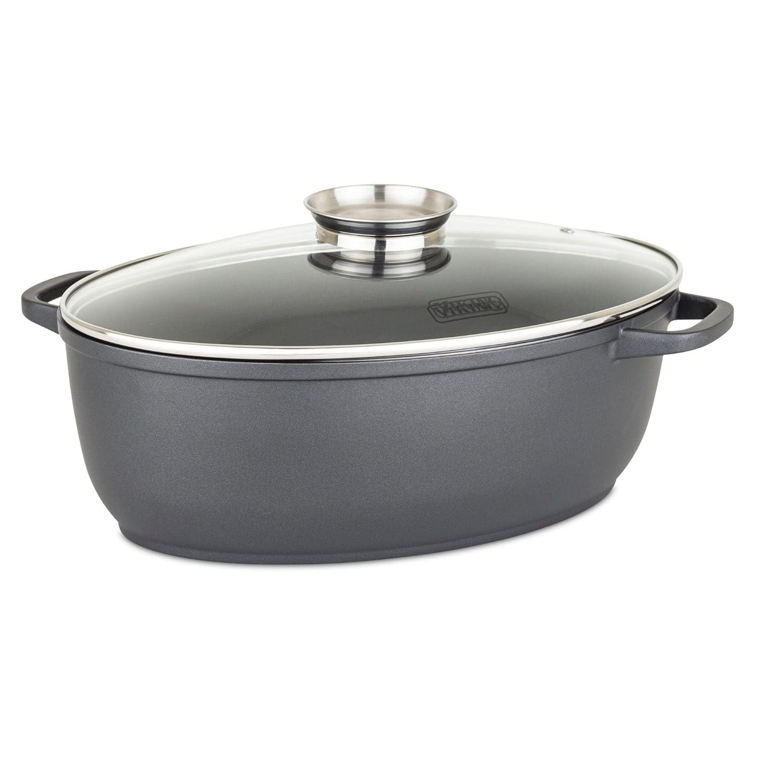 Viking Culinary 3-in-1 8.6 Qt Die Cast Oval Roaster with Glass Basting Lid,Gray,40041-1632C