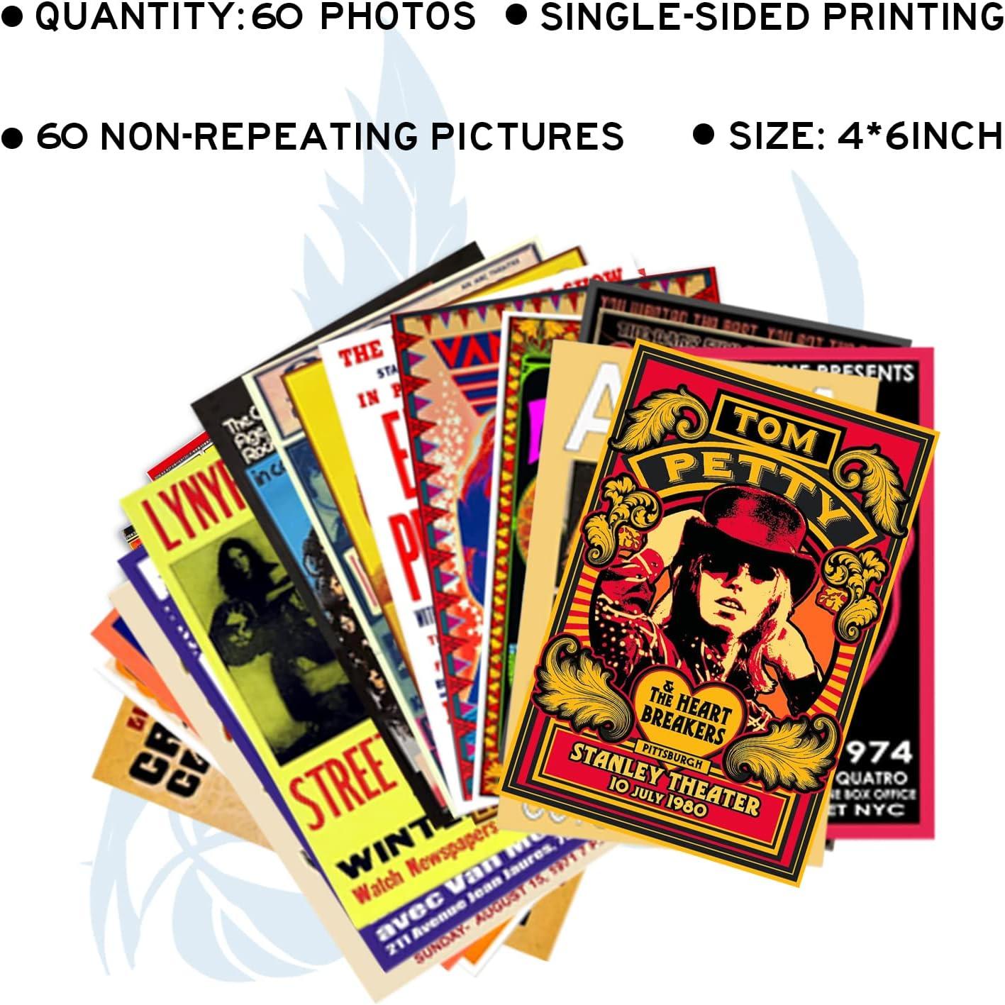 WOONKIT 60 PC Vintage Rock Band Posters, 70s 80s 90s Retro Concert Prints, Bedroom Wall Art, Album Cover Collage, 4x6 Inch (Set of 60)