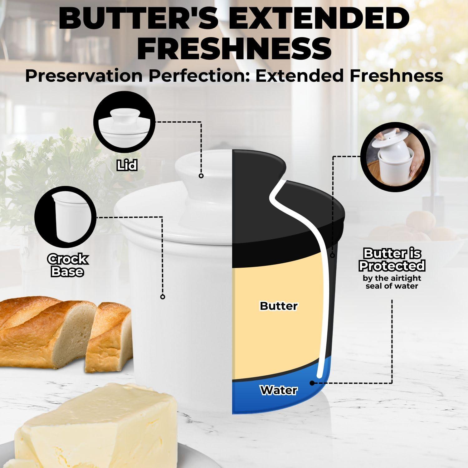 Flexzion Porcelain Butter Crock Butter Keeper, French Butter Dish Bell with Lid, Tabletop Spreadable Soft and Fresh Water Sealed Butter Holder Cafe Retro Collection Farmhouse Decor (White)