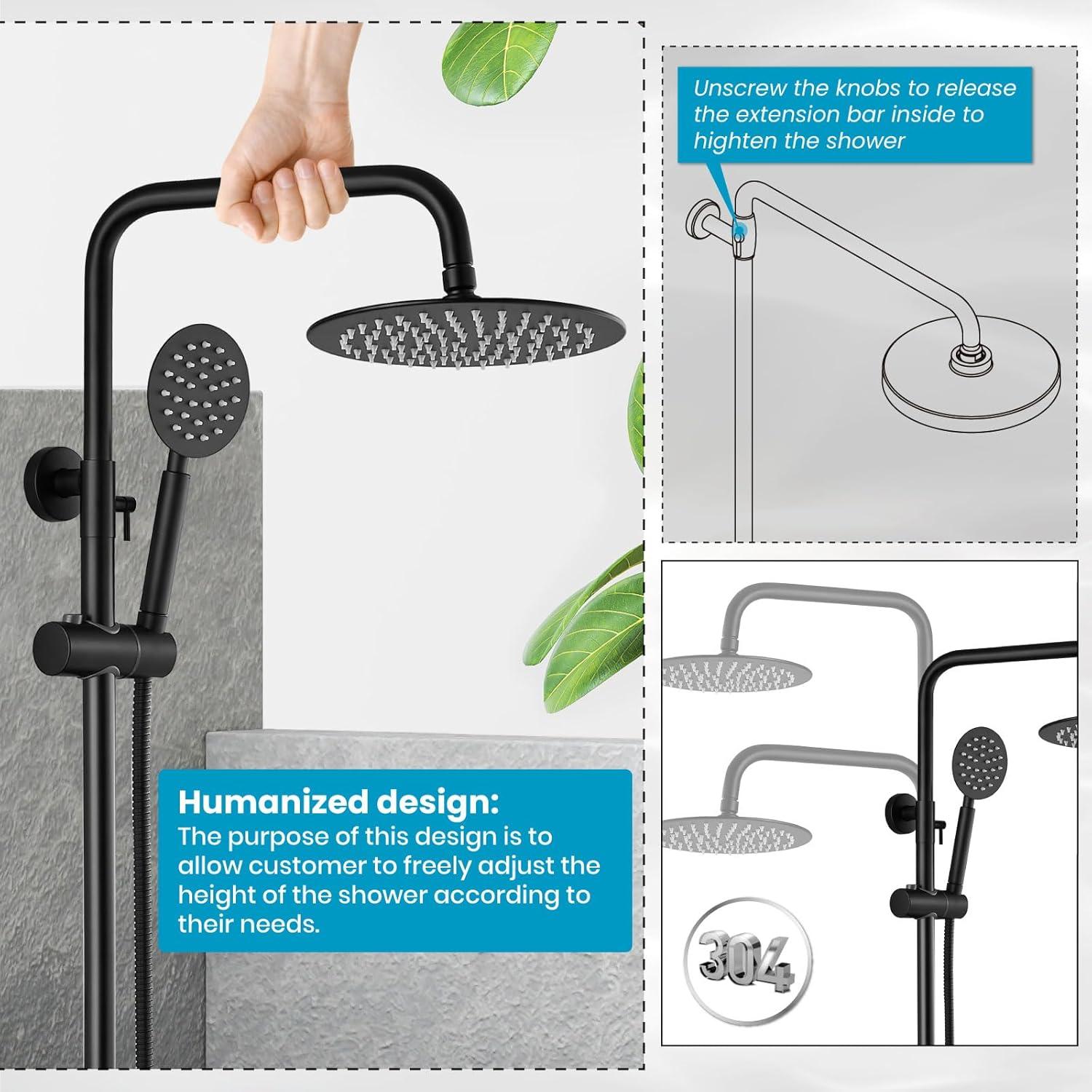 gotonovo SUS304 Outdoor Shower Fixture High Pressure Shower System Wall Mount 2 Dual Function Single Handle Shower Kit with 8 Inch Shower Head and Handheld Spray Shower Faucet Combo, Matte Black