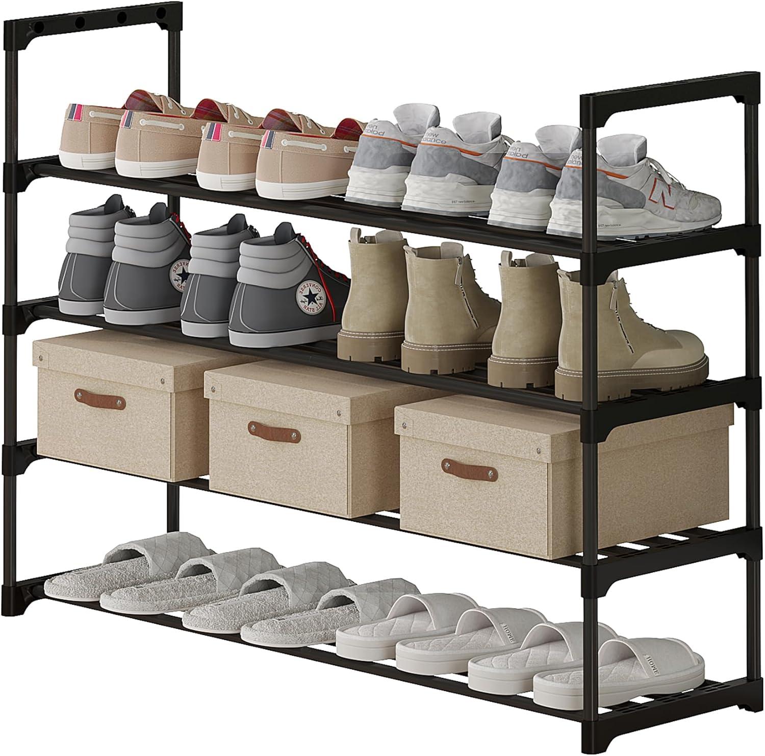 SONGMICS 4-Tier Shoe Rack with Shelves Metal 20 Pairs Shoe Organizer Storage Stand Holds for Closet Entryway Black