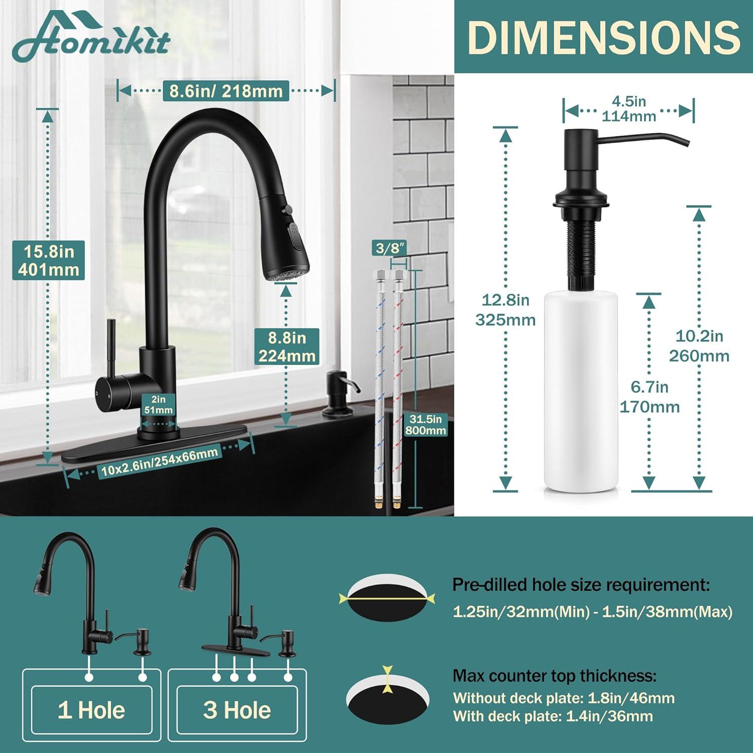 Matte Black Stainless Steel Pull-Down Kitchen Faucet with Soap Dispenser