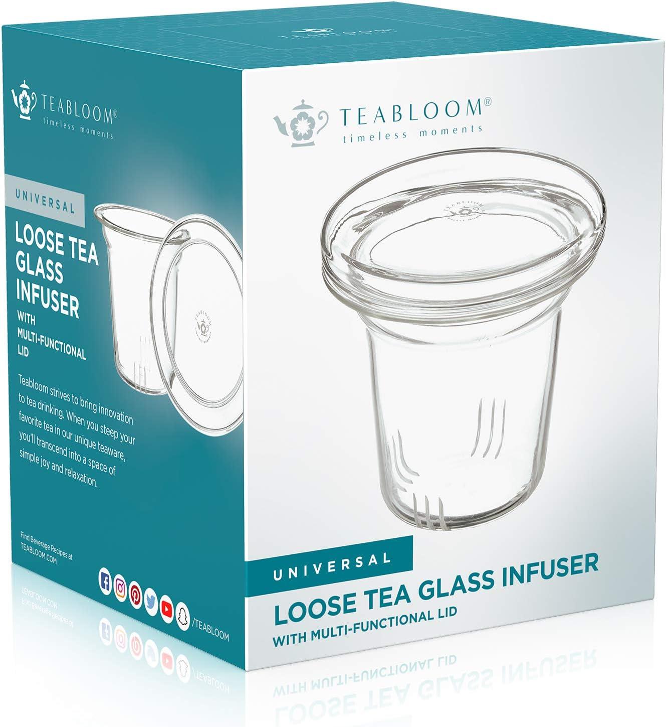 Teabloom Universal Glass Tea Infuser with Multi-Functional Lid - Lead-Free and Non-Toxic Glass Filter for Loose Tea Leaves