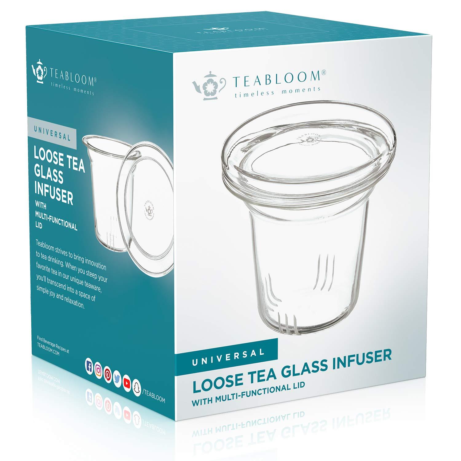 Teabloom Universal Glass Tea Infuser with Multi-Functional Lid - Lead-Free and Non-Toxic Glass Filter for Loose Tea Leaves