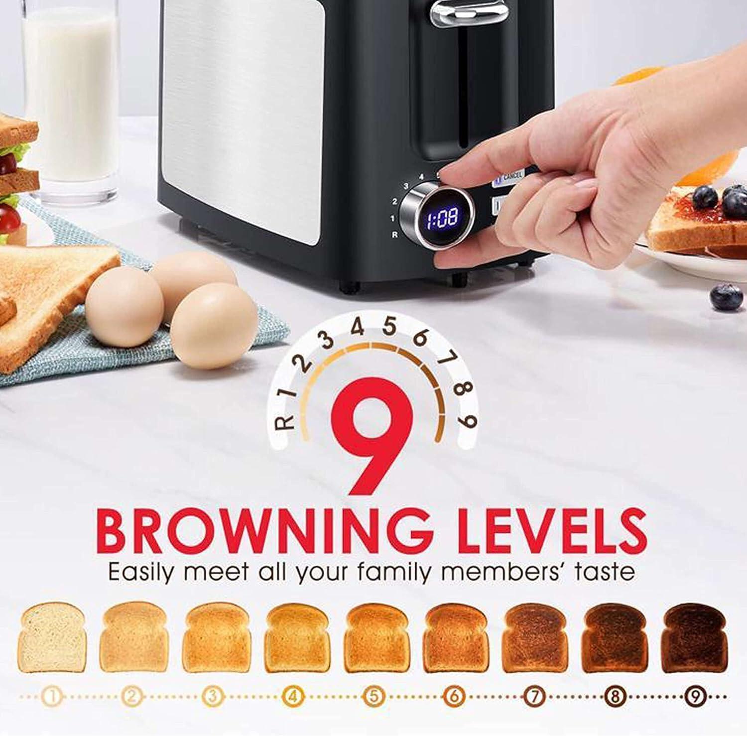 Smart Toaster 2 Slice Extra Wide Slot, Digital Countdown Timer, 9 Adjustable Browning Settings, Bagel Defrost Reheat Cancel Modes, Black LED Screen