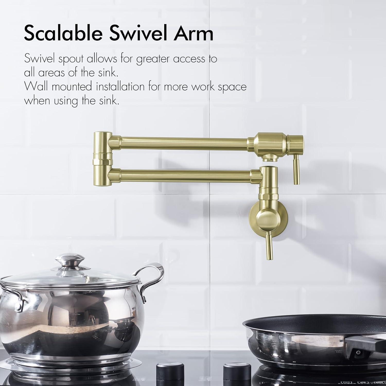 Pot Filler Faucet, Solid Brass Brushed Gold Single Cold Kitchen Faucet Wall Mounted Kitchen Pot Filler Faucet Double Joint Swing Arm Faucet