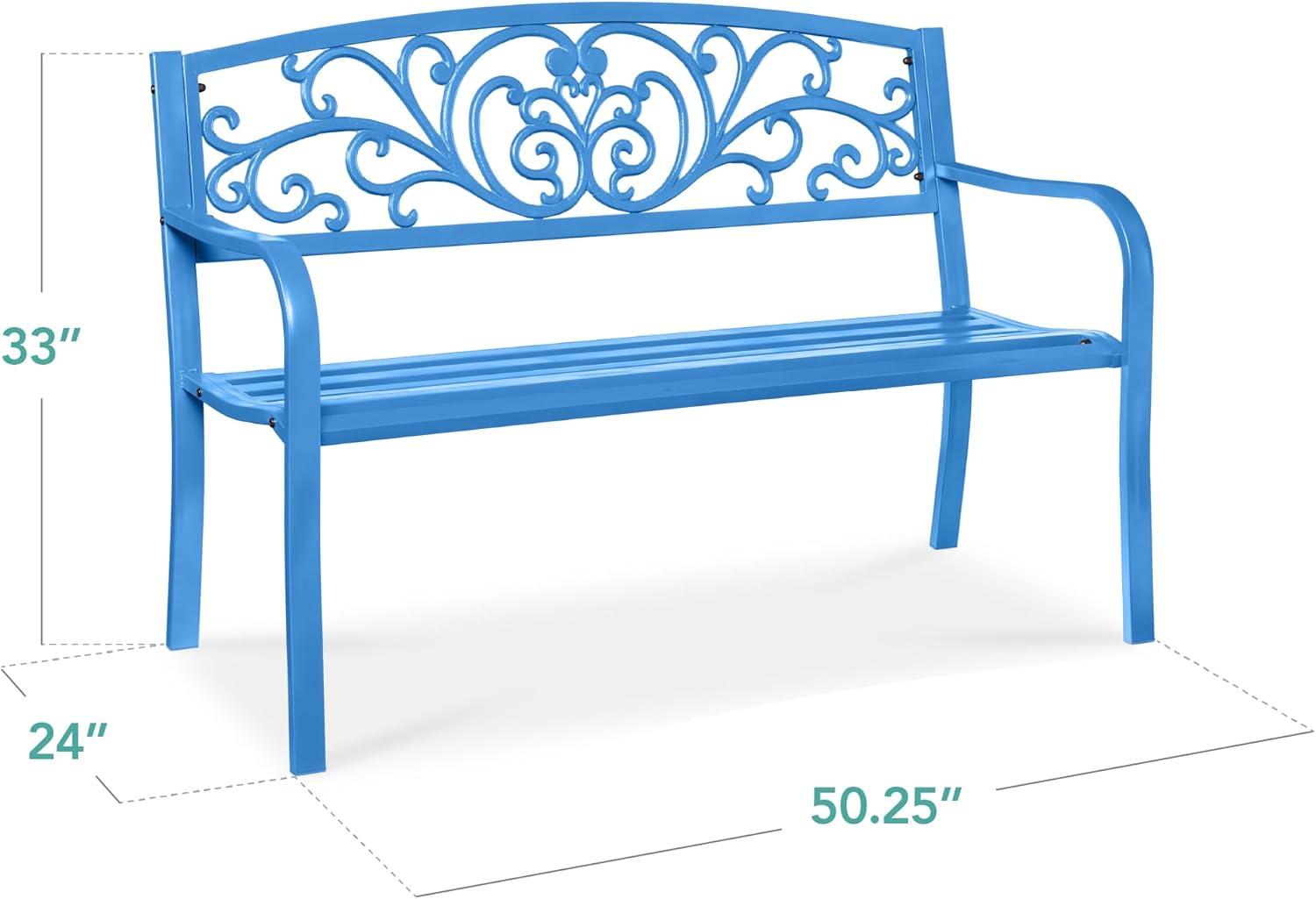 World Menagerie Outdoor Steel Bench with Floral Backrest & Slatted Seat, Marigold for Garden, Patio, Porch, Lawn, and Deck