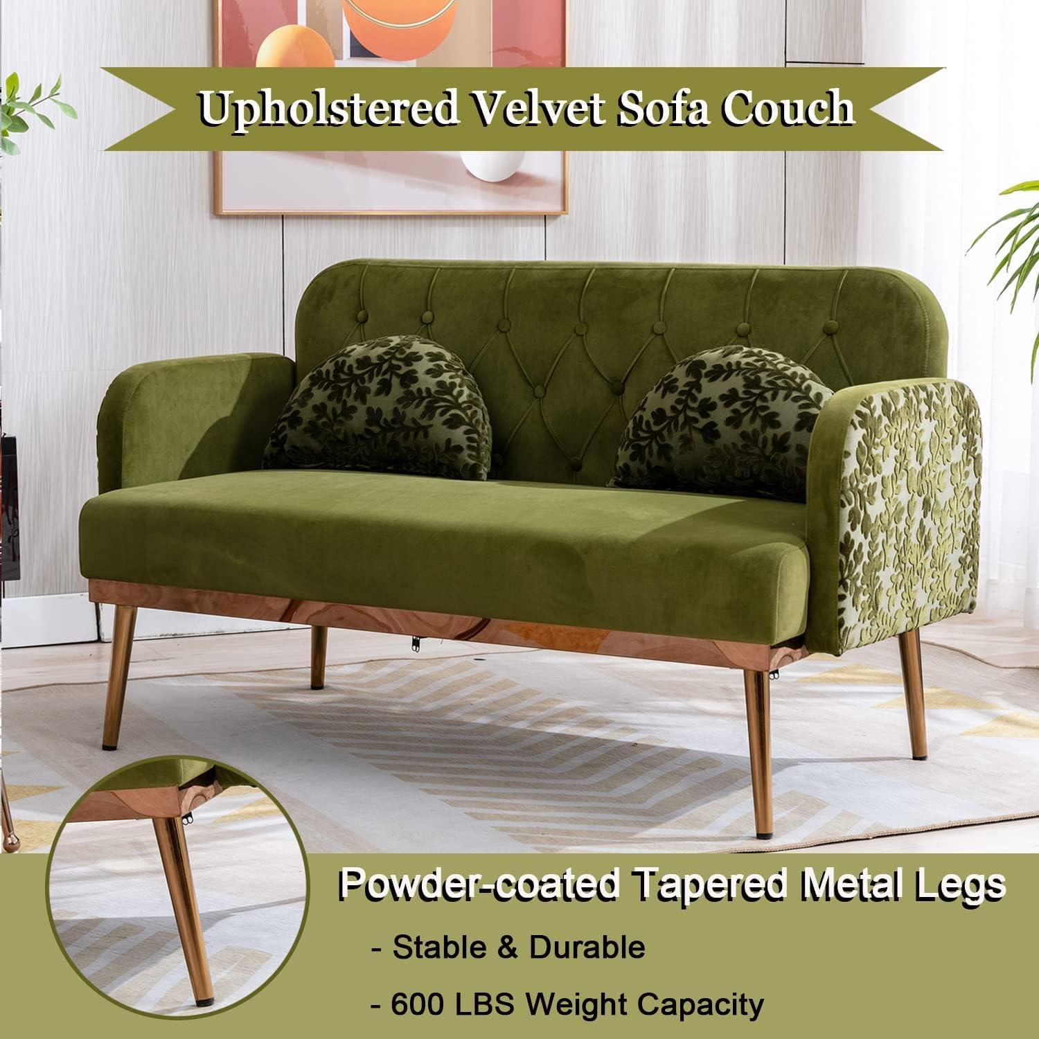 55-inch Small Velvet Couch with Elegant Moon Shape Pillows, Twin Size Loveseat Accent Sofa with Golden Metal Legs, Living Room Sofa with Tufted Backrest, 600 Pounds Weight Capacity-Green