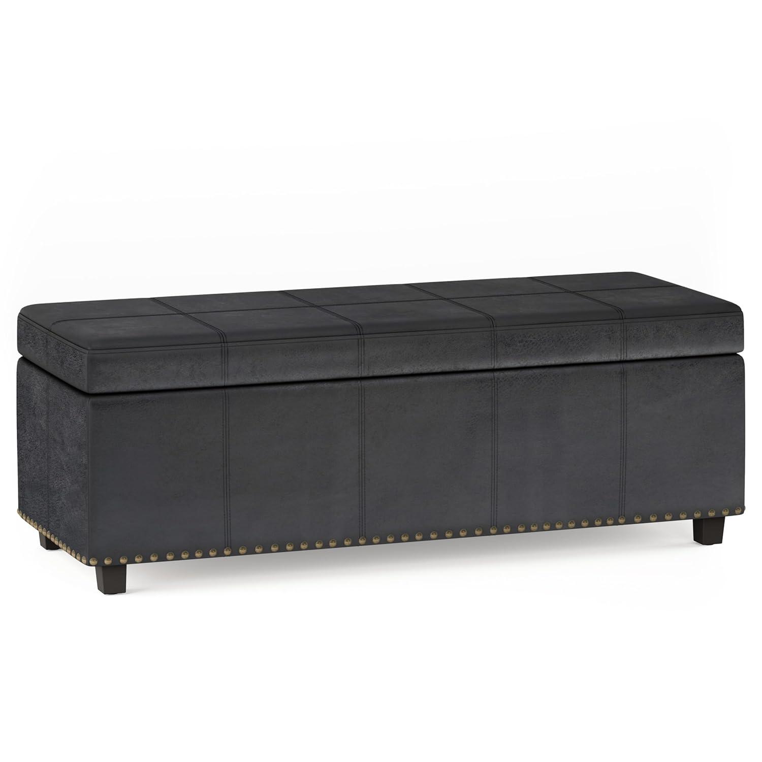 Simpli Home Kingsley 48"W Upholstered Storage Ottoman with Lift-Top Lid, Nailhead Trim, and Stitching Detail