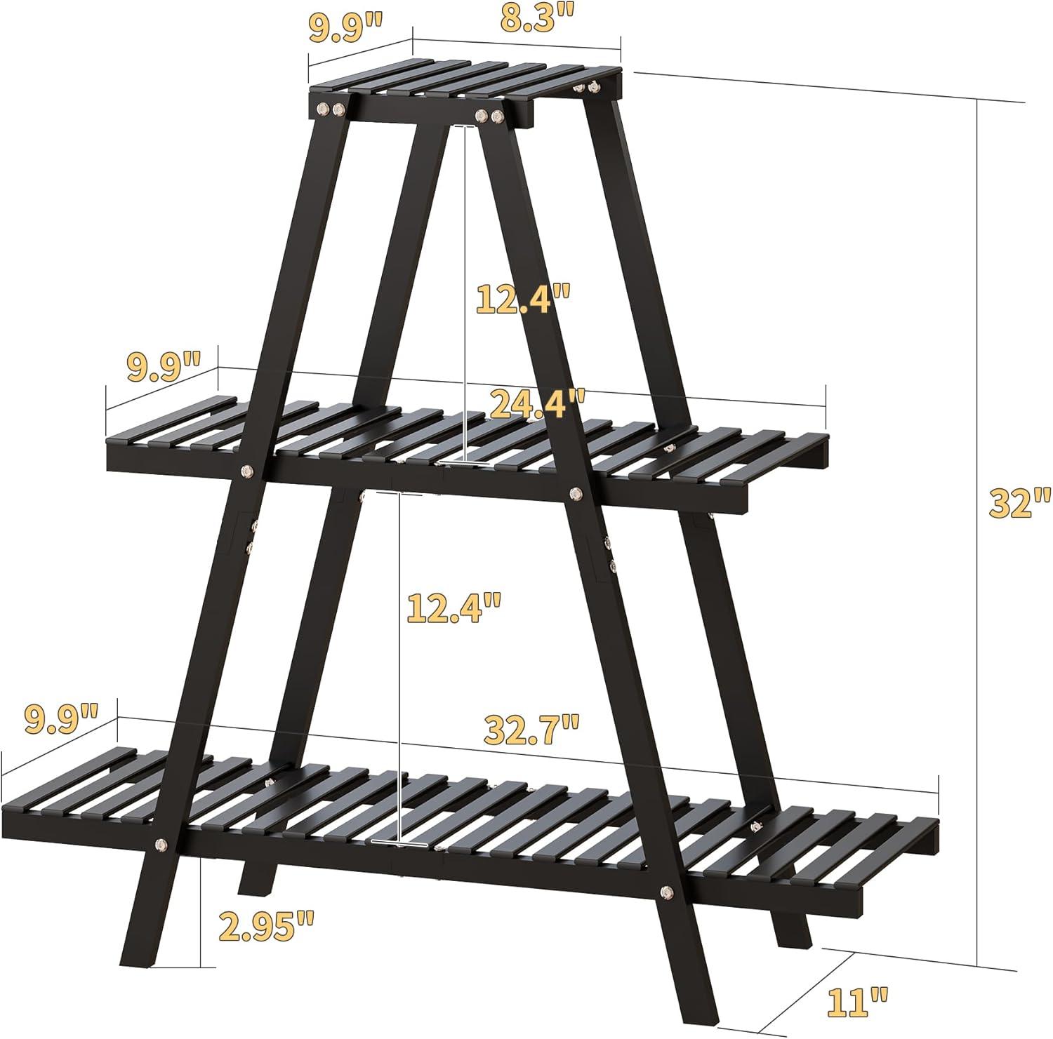 Bamboo Plant Stand Indoor/Outdoor, 3-Tier, Black, Rectangular, 8 Potted Flower Holder Ladder Plant Rack