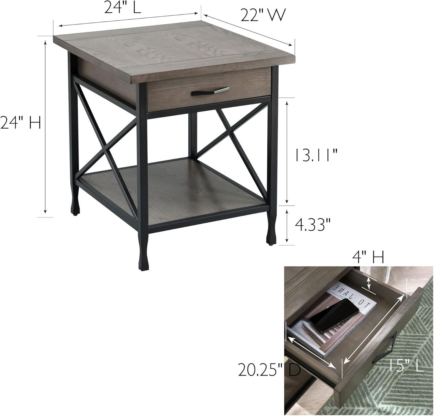 23007 Chisel & Forge One Drawer X Design Mixed Metal And Wood Side Table With Shelf, Gray And Matte Black, 22 In X 24 In X 24 In