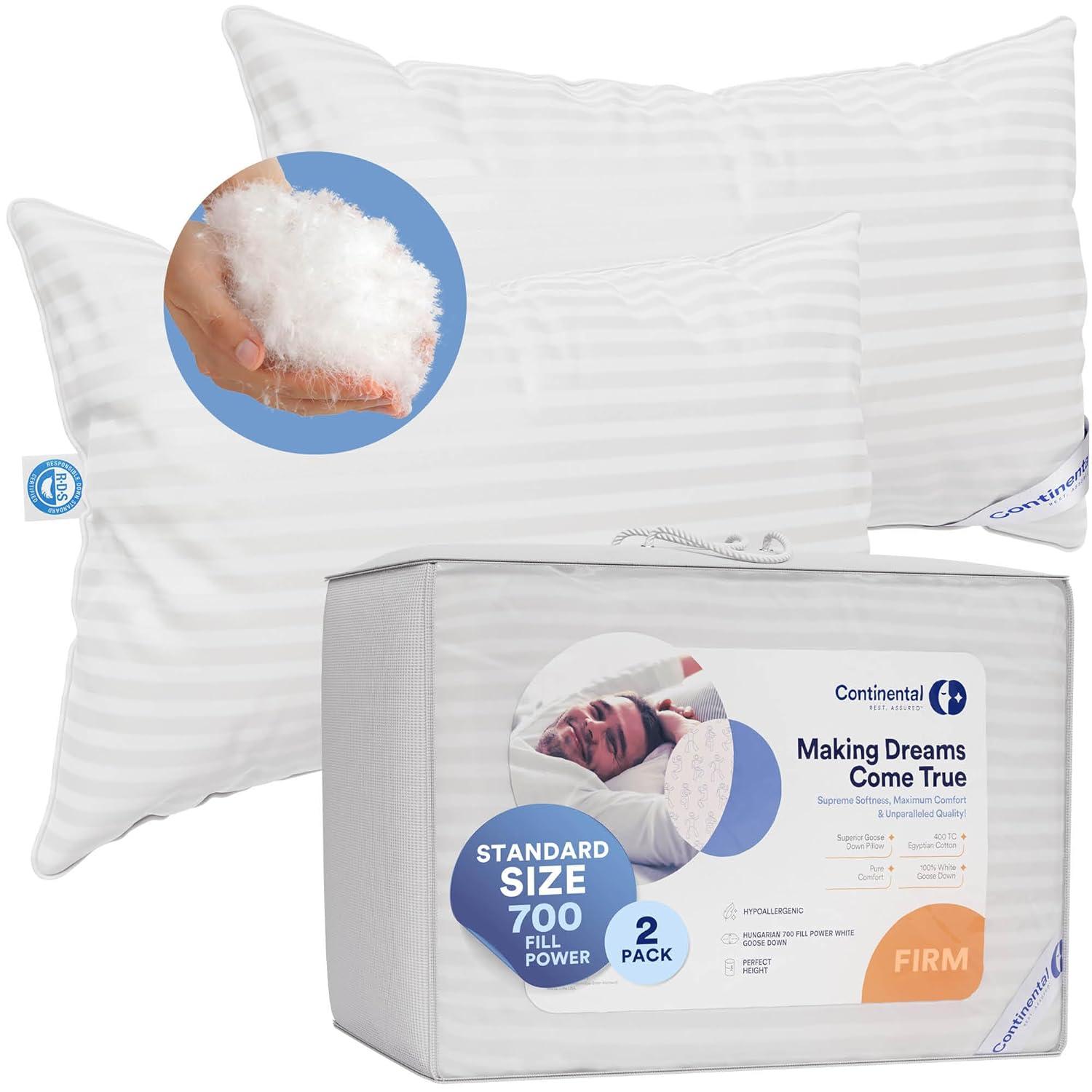 Continental Mfg. Co. Superior Down 700 Fill Power Hungarian White Goose Down Pillow, 2 Pack (Set of 2)