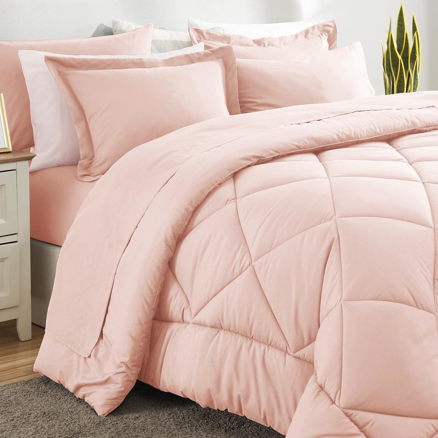 CozyLux Pink Comforter Set Queen - 7 Pieces Bed in a Bag Toddler Girls Comforter Set Teen Girl Bedding Sets with All Season Quilted Comforter, Flat Sheet, Fitted Sheet, Pillowcases, Blush Pink