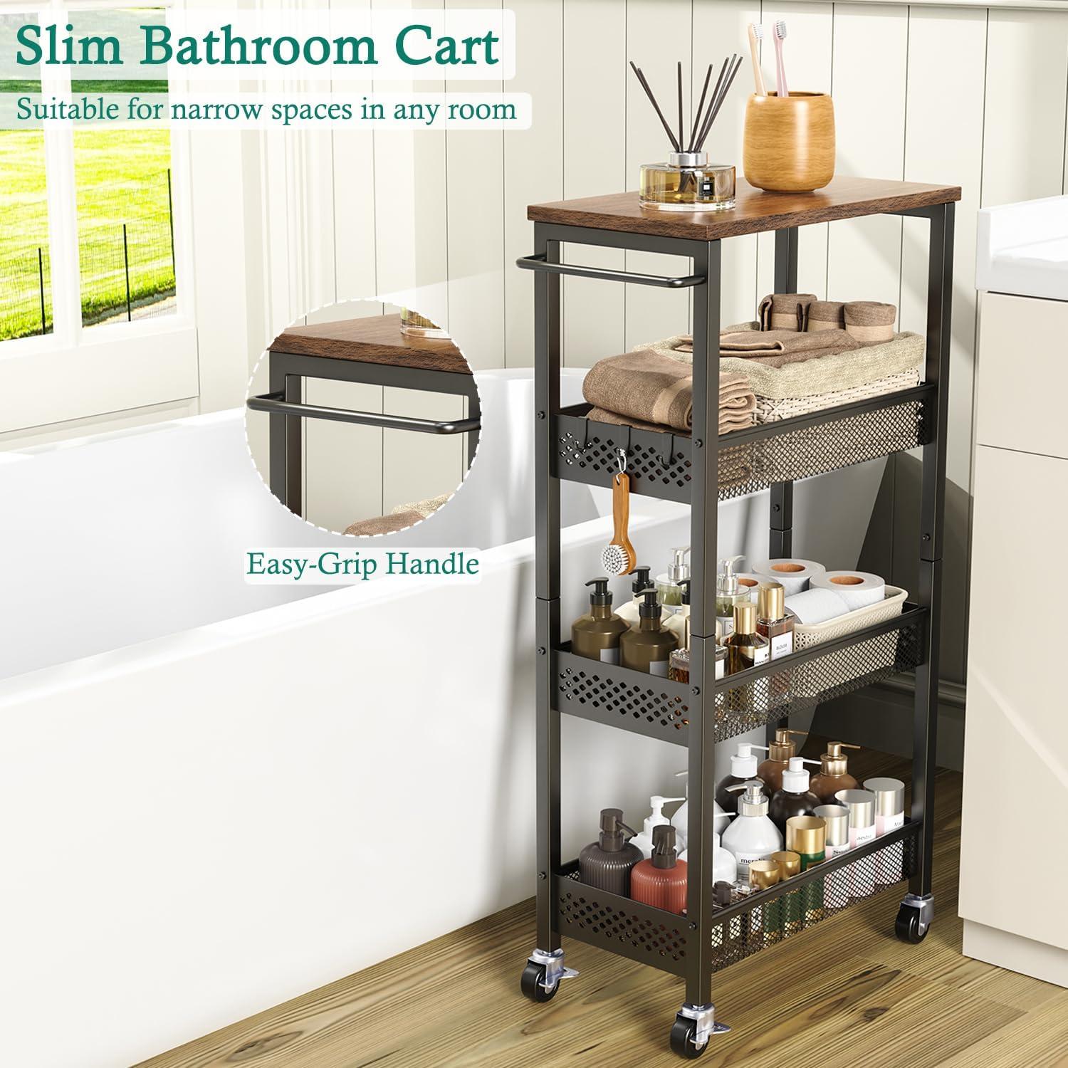 Slim Black Metal and Wood 4-Tier Rolling Kitchen Cart