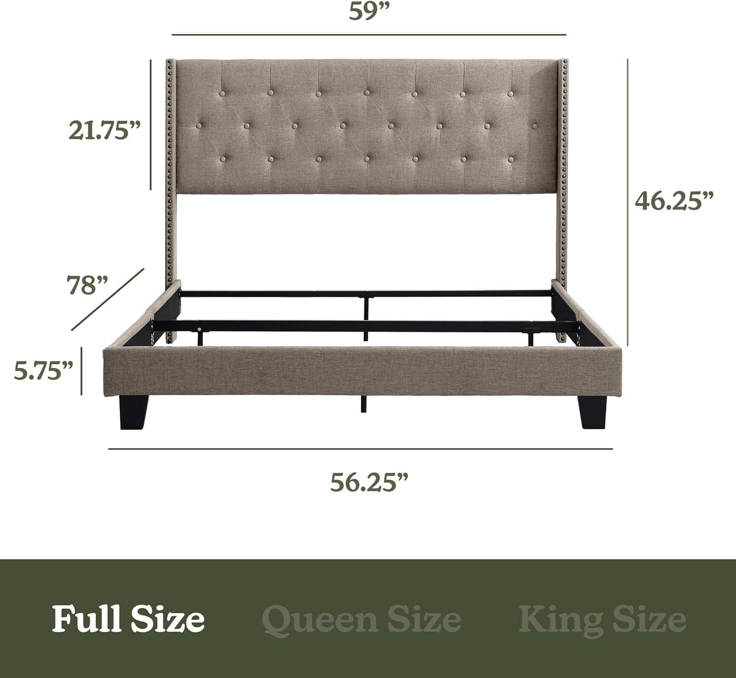 Hearth & Harbor Full Size Bed Frame with Wingback Headboard - Linen Platform, Button-Tufted Upholstered, Modern Double Bedframe, Box Spring Required, Beige
