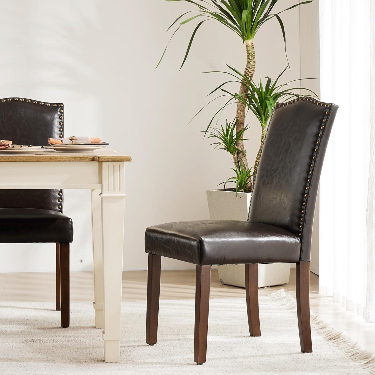 DUMOS Upholstered Dining Chairs Set of 6, Modern Leather Dining Room Chair with Nailhead Trim and Wood Legs, Mid-Century Accent for Living Room, Kitchen, Dark Brown