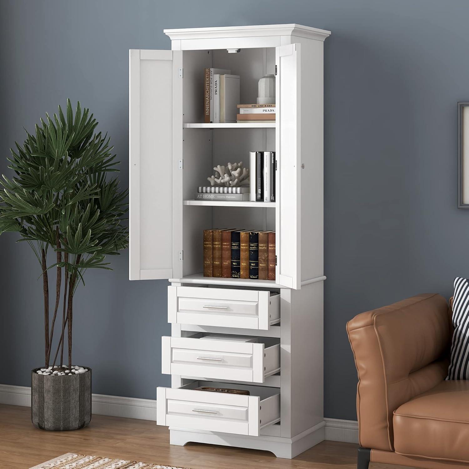 Tall White MDF Freestanding Storage Cabinet with Adjustable Shelves