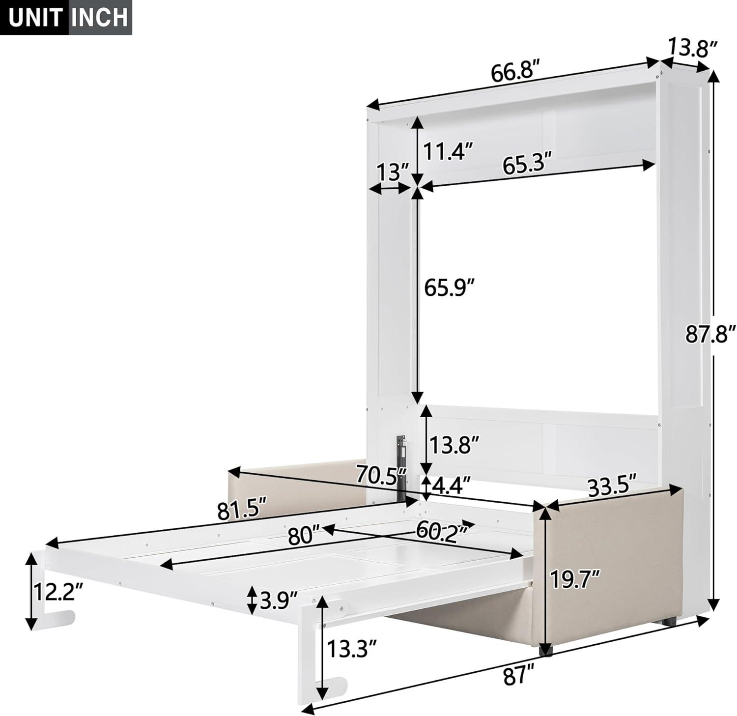 LZ LEISURE ZONE Queen Size Murphy Bed, Wooden Queen Murphy Wall Bed with Cushion and Sofa, for Home Office or Small Room, White