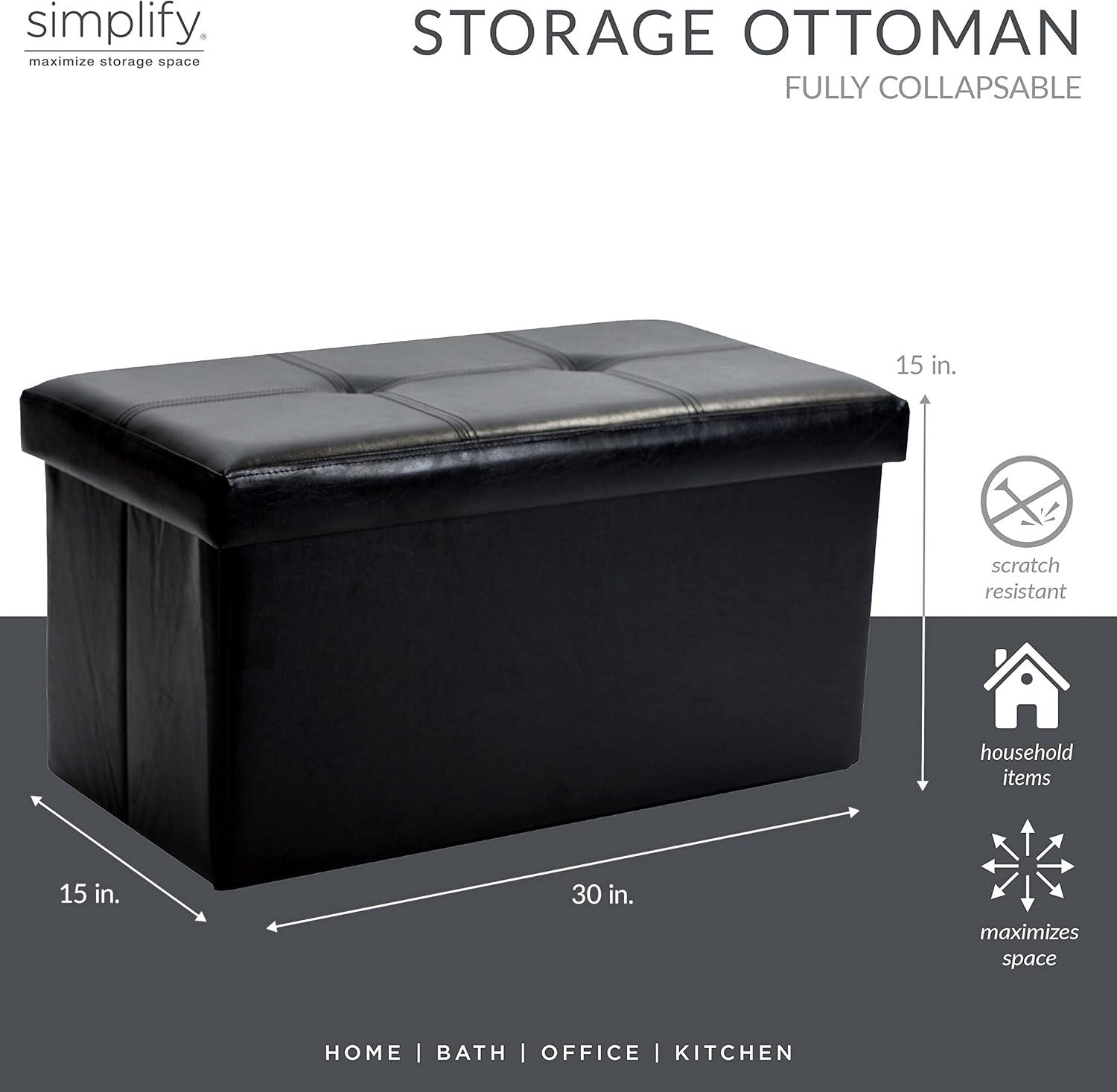 Simplify Faux Leather Double Folding Storage Ottoman in Black