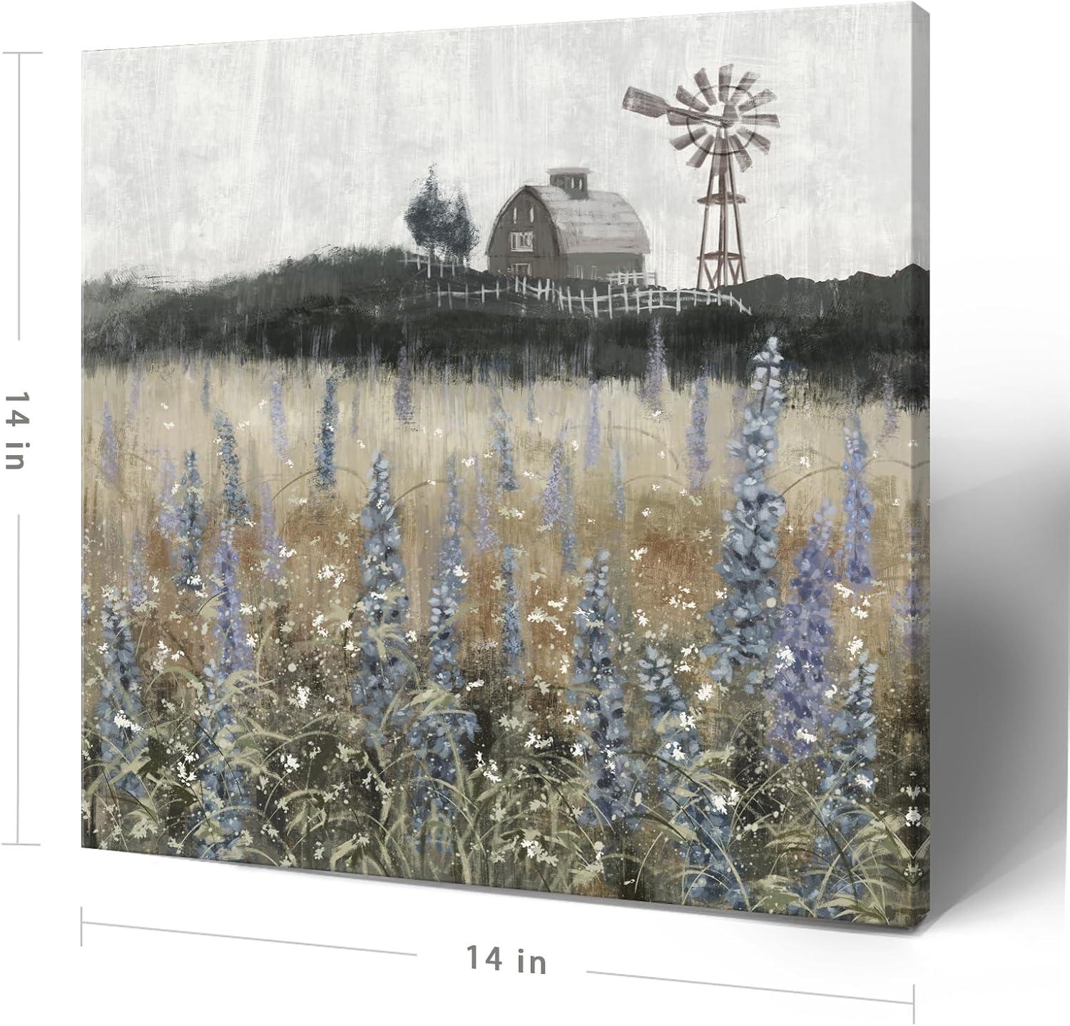 Vintage Farmhouse Landscape Canvas Print with Windmill and Barn, 14x14