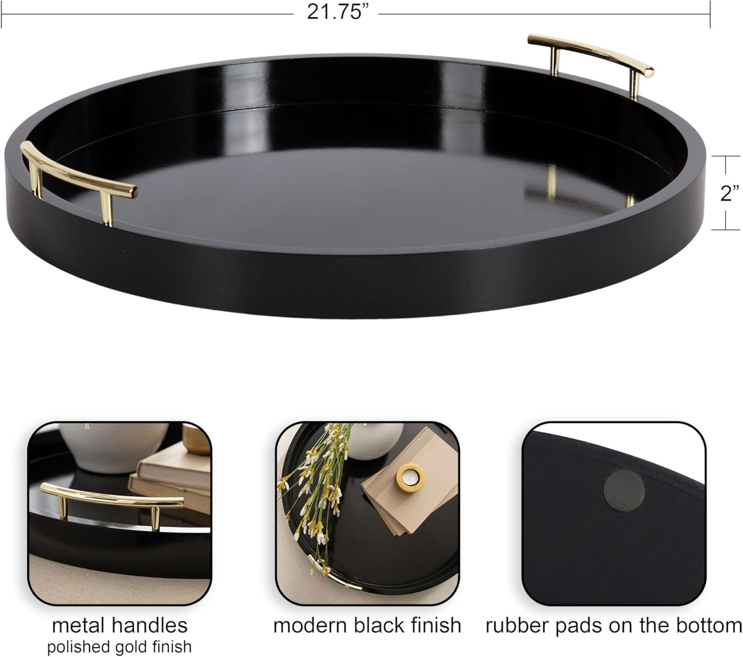 Kate and Laurel Lipton Round Decorative Tray with Metal Handles, 22" Diameter, Black
