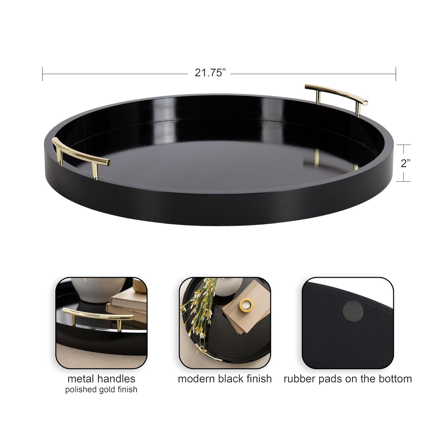 Kate and Laurel Lipton Round Decorative Tray with Metal Handles, 22" Diameter, Black