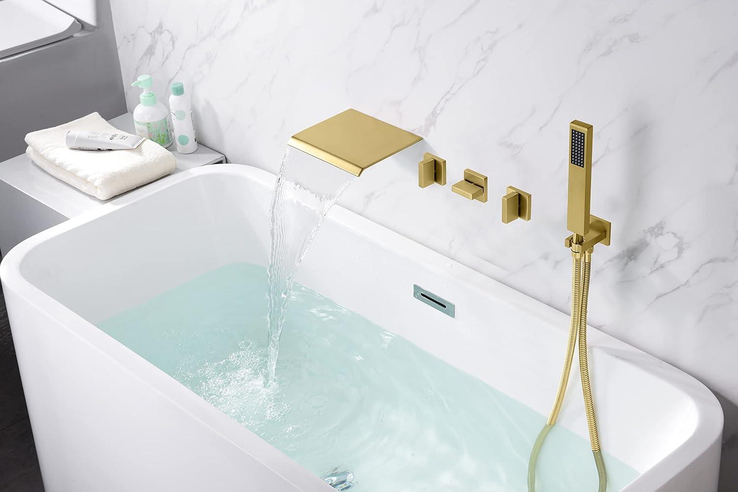 SUMERAIN Wall Mounted Bathtub Faucet with Handheld Shower, Waterfall Tub Faucet Filler, Brushed Gold