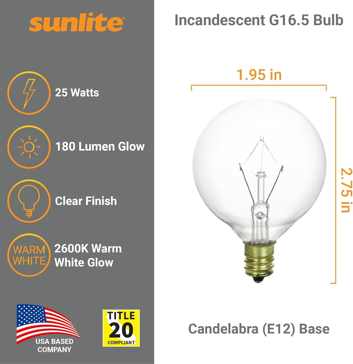 Clear Globe Incandescent Light Bulbs, 25W, E12 Base, 12 Pack