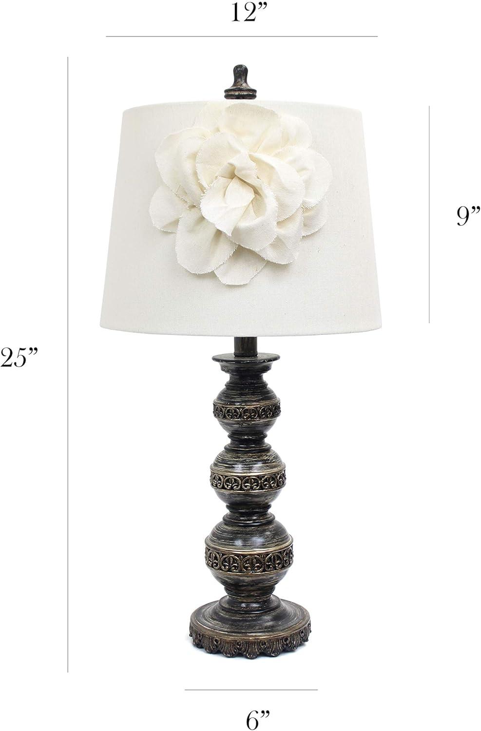 Aged Stacked Ball Table Lamp with Couture Linen Flower Shade White - Elegant Designs: Metal Base, No Assembly Required, UL Listed