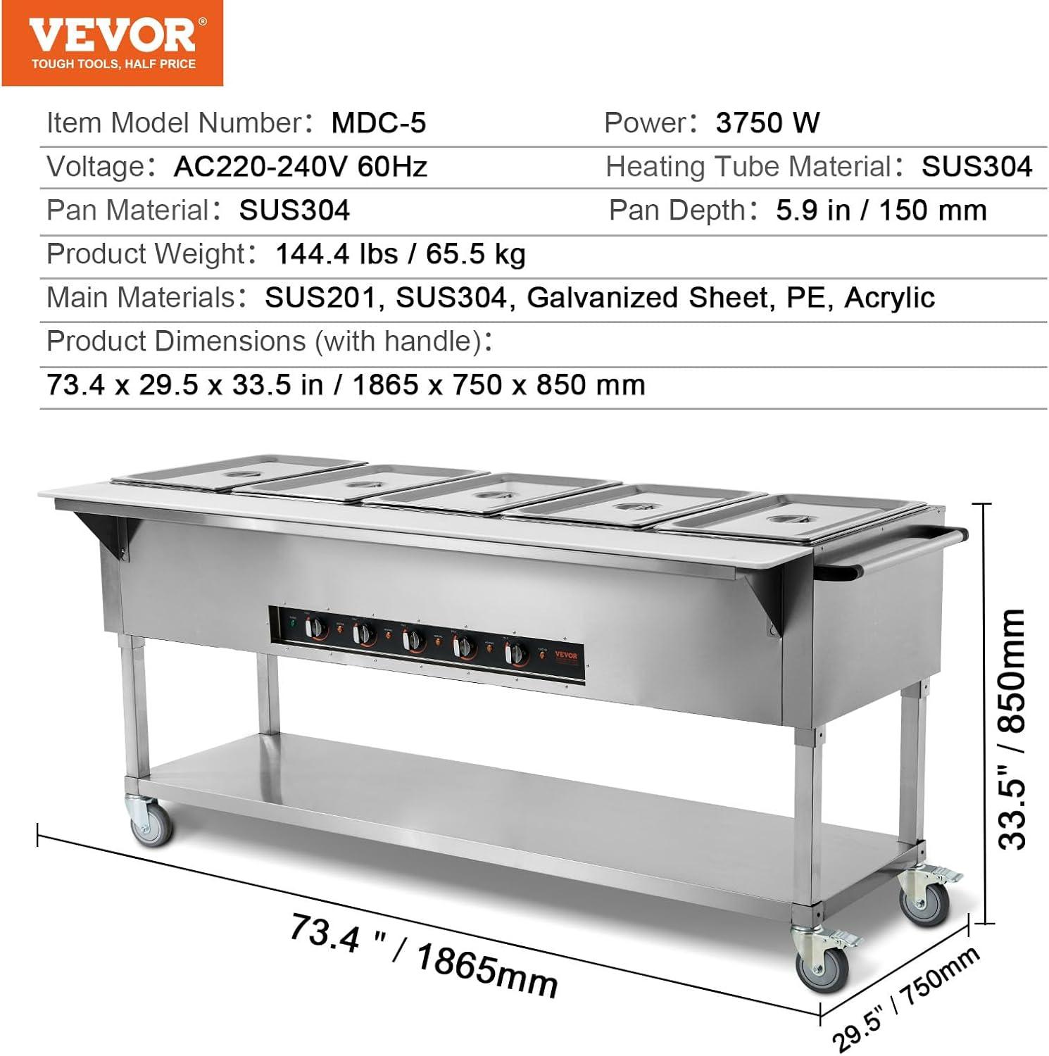 Stainless Steel 5-Pan Commercial Electric Food Warmer with Wheels