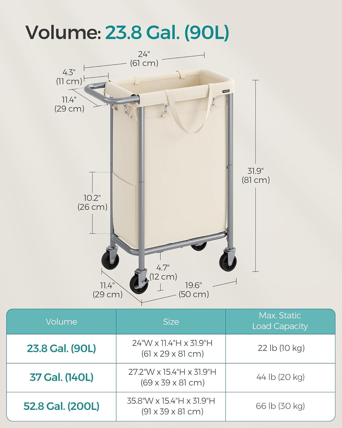 Cream White Steel Frame Laundry Hamper with Wheels