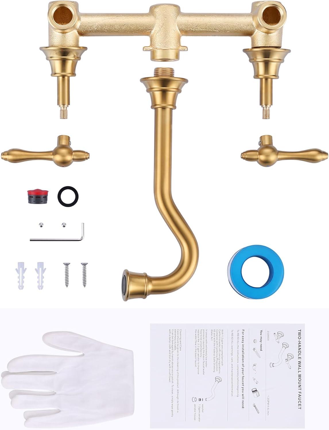 Gold Antique Brass Wall Mount Bathroom Faucet with Dual Handles