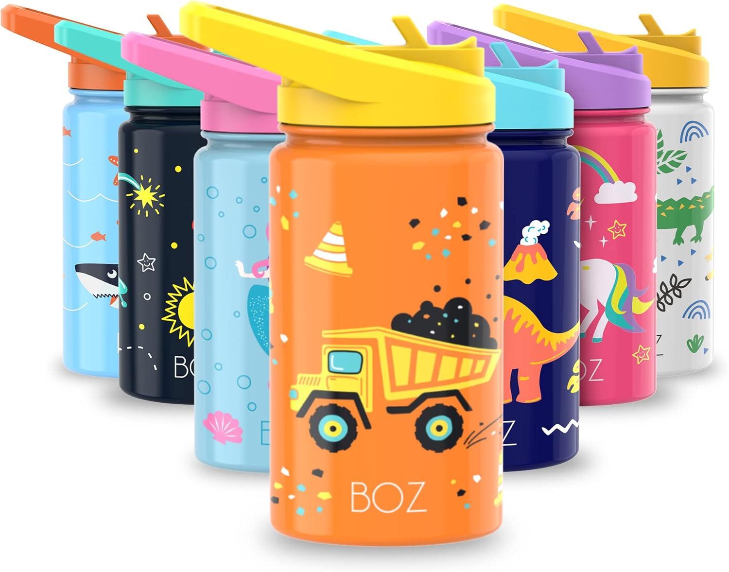 BOZ Kids Water Bottle for School with Straw Lid, Stainless Steel Insulated, 14 oz (Construction)