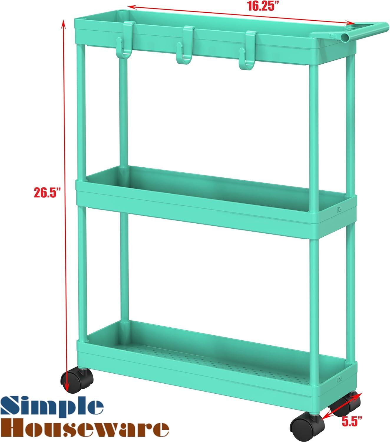 3-Tier Slim/Super Narrow Kitchen Cart with Handle, Hooks and Storage with Shelves,Turquoise