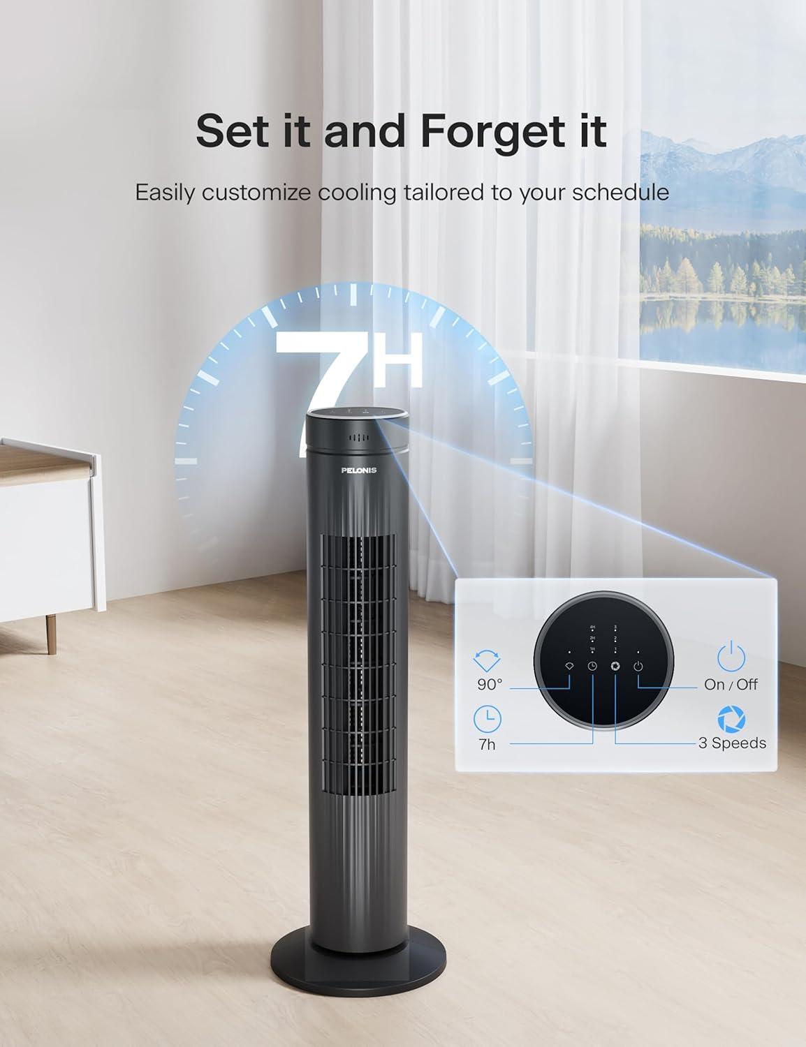 Pelonis 30-Inch Oscillating Tower Fan for Bedroom – 3 Speed, 37dB Quiet Tower Fan with Remote Control and 7-Hour Timer – ETL Certified, Black
