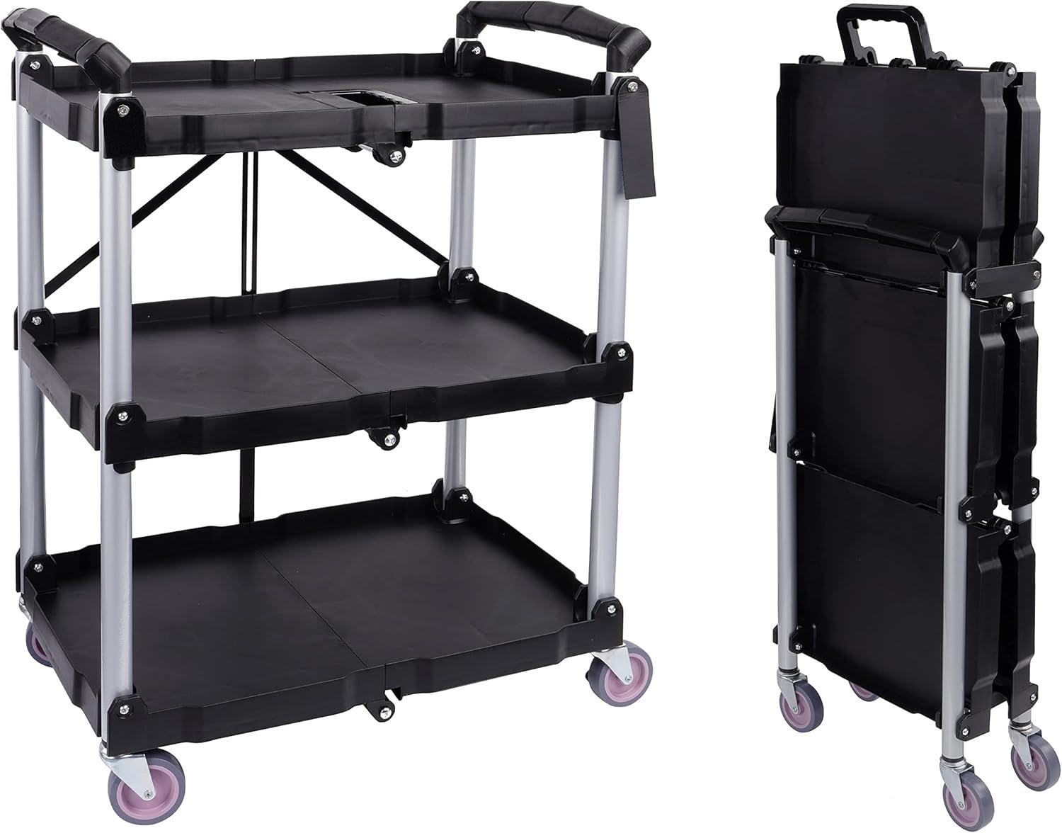 BISupply Rolling Cart - Collapsible 3 Tier Cart for Restaurant and Office