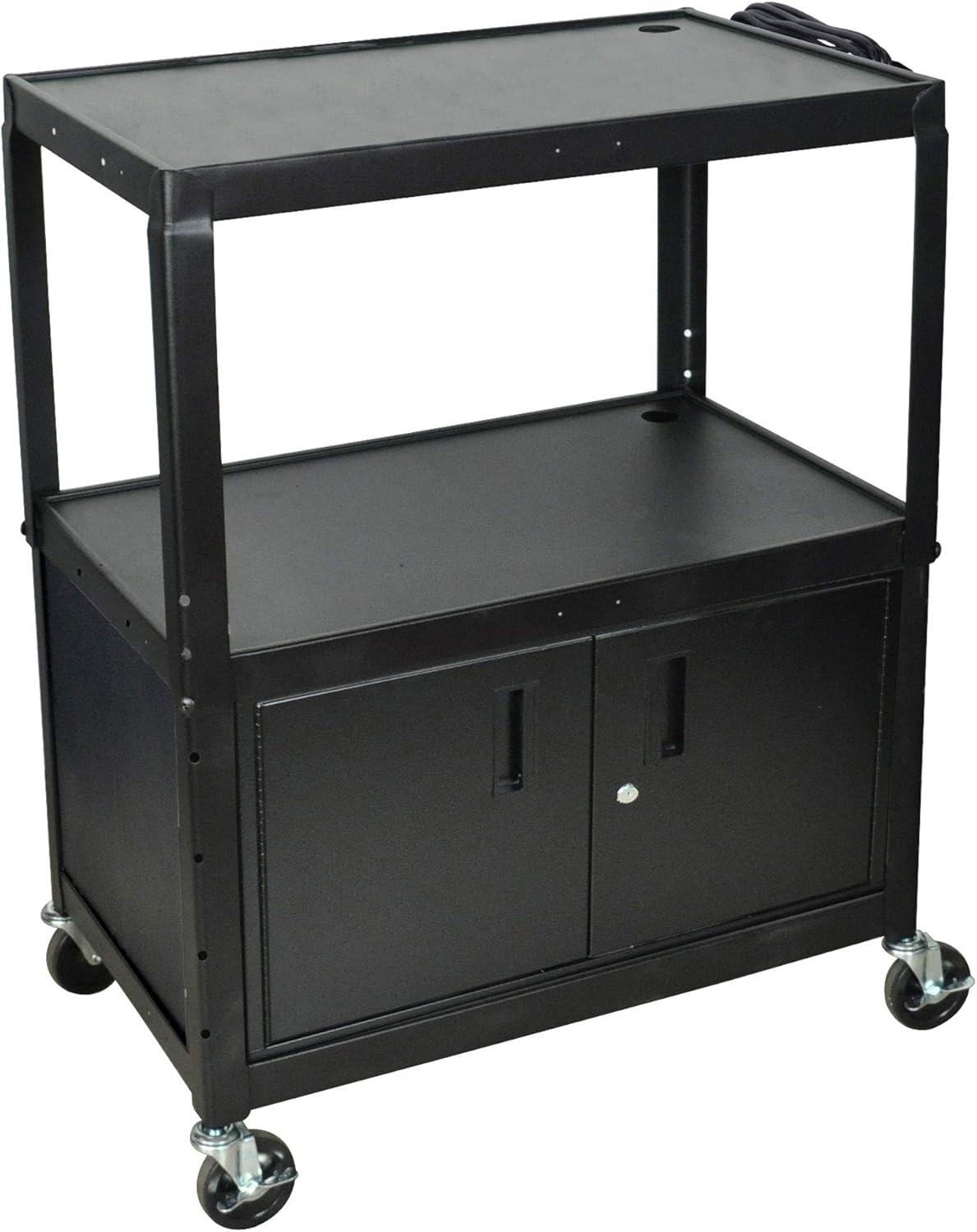 Black Adjustable Height Steel Projector Cart with Locking Cabinet