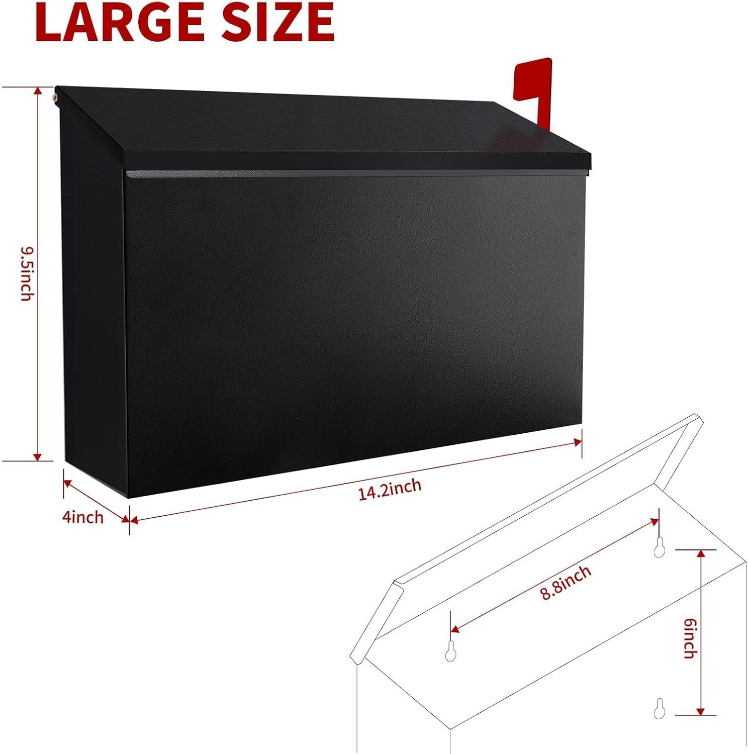 Wall-Mount Mailbox with Flag Metal Mail Box for Outside Large Capacity Rust-Proof Post Box for House Use, 14.2” x 4” x 9.5”, Black