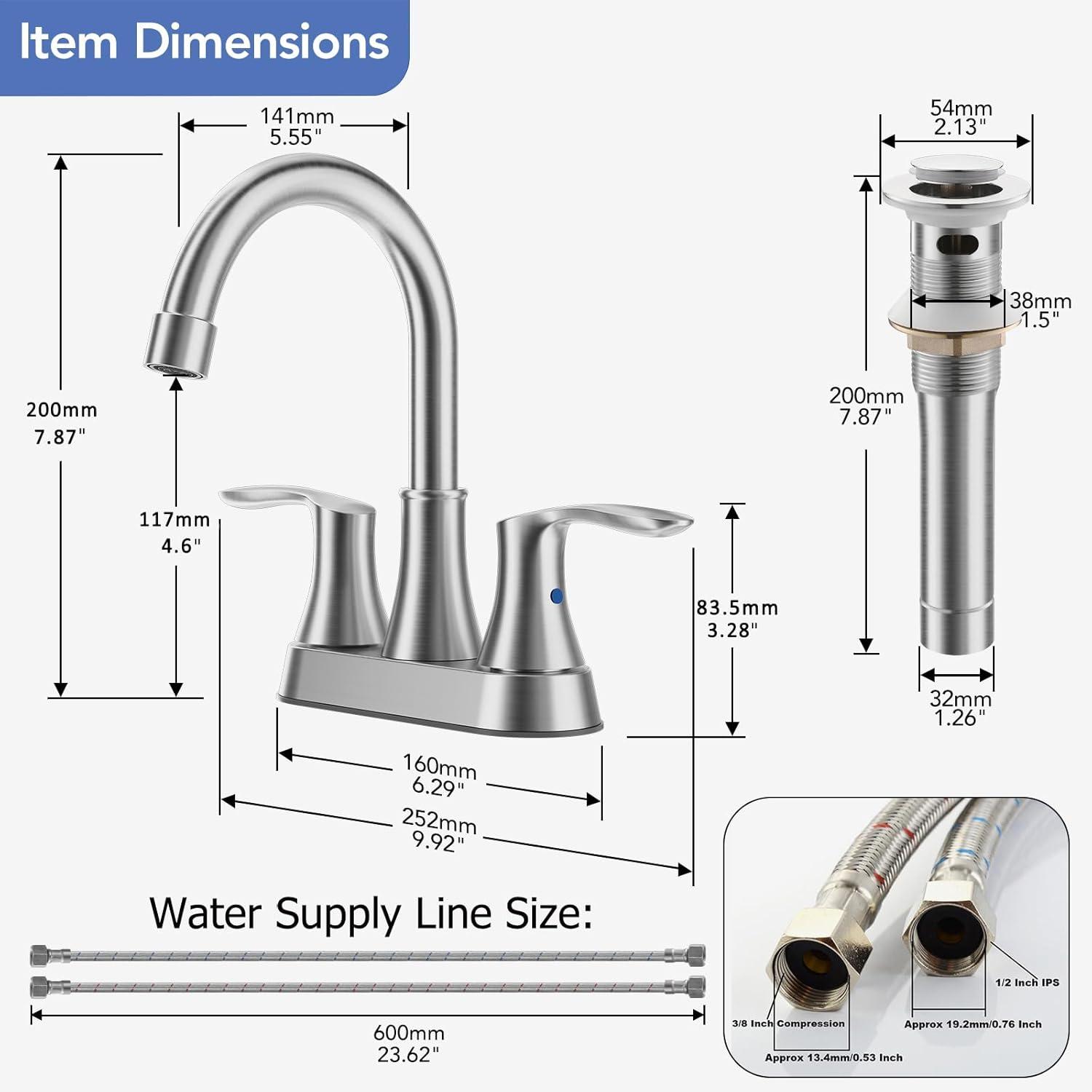 Phiestina 4 Inch 2 or 3 Hole Brushed Nickel Bathroom Sink Faucet RV Swivel 2 Handle Centerset Bath Vanity Faucet, with Water Supply line & Metal Pop-up Drain,TY36-BN